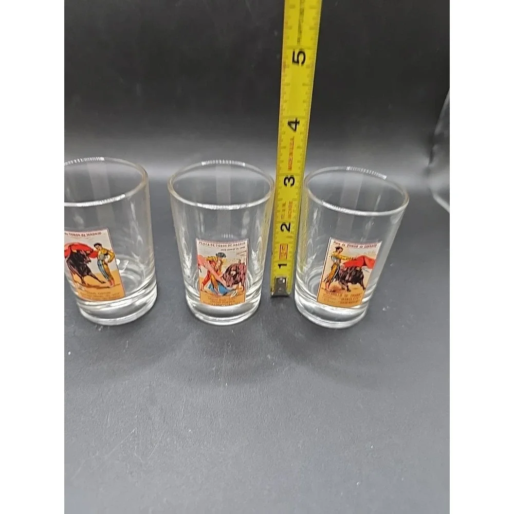 3 Vintage Plaza de Toros de Madrid Shot Glasses Bull Fighter Made In Portugal